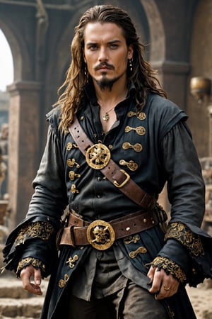 Ultra realistic,handsome young male pirate,black eyeliner, dirty coat,long hair, dark shades of Renaissance aristocratic dress, dirty cuffs, gun belt, knee-length boots, wearing intricately crafted ornaments and decorated with numerous gold ornaments, handsome man, goatee, pirate, Leonardo, Movie Still