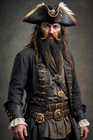 ultra-realistic,Pirate Blackbeard, elder pirate captain,(much wrinkled face), hard-boiled,Black-rimmed eyeliner,((very very long black beard)),Dirty coat, Luxury feathered tricornered hat,emaciated body, single-minded in respect and fear, dressed in dark shades of Renaissance-style aristocratic clothing, dirty cuffs, gun belt, knee-length boots, wearing intricately crafted ornaments and decorated with numerous gold ornaments,Handsome male,with a beard,pirate,Leonardo