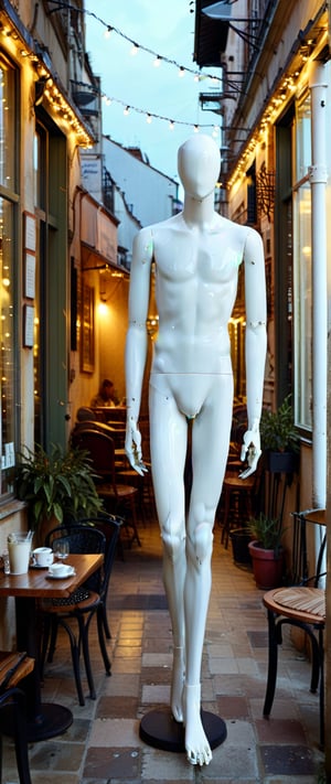 A creepy Male mannequin, with abnormally long arms and legs, standing in the corner of a café terrace. The mannequin's elongated limbs create an unsettling, distorted appearance, its lifeless eyes staring blankly ahead. The café terrace is softly lit, with tables and chairs arranged casually, some occupied by patrons enjoying their drinks. The background includes strings of fairy lights and potted plants, creating a cozy and inviting atmosphere that starkly contrasts with the eerie presence of the mannequin. Shadows cast by the terrace lighting enhance the mannequin's unsettling aura, making it stand out in the otherwise pleasant setting.",Mannequin,Abloom model
