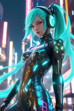SCORE_9, SCORE_8_UP, SCORE_7_UP, SCORE_6_UP,
1girl,cyberpunk elf girl,Hatsune Miku,She has sleek metallic Racing suit with neon-lit circuits and glowing interfaces, Her pointed ears feature high-tech devices, and her eyes emit a soft, luminescent glow, enhanced with augmented reality overlays. Vibrant, electric-colored hair flows down her back, intertwined with fiber-optic strands that pulse with data. She wears a fitted, futuristic bodysuit with intricate, glowing patterns, and her cybernetic limbs are equipped with advanced weaponry and tools. She moves through a neon-drenched urban landscape, blending organic grace and technological sophistication, embodying the essence of a cyberpunk elf.,xl_cpscavred,txznmec,racingmiku2022