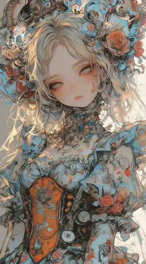 Maximalist fashion anime girl, ornate gothic punk design, dissatisfied expression, long wavy platinum blonde hair, intricate hair bow with playing card motif, blue ruffled dress with multiple layers, orange underskirt, detailed floral pattern, red and pink roses, playing card symbols scattered on dress, pocket watch accessory, lace trim, platform boots, pale skin, large expressive eyes, Alice in Wonderland inspired, highly detailed digital painting, studio ghibli style, artstation trending,FantaVin Anime Art,Color,FantaVin Anime Art,PorcelainDollPrincess