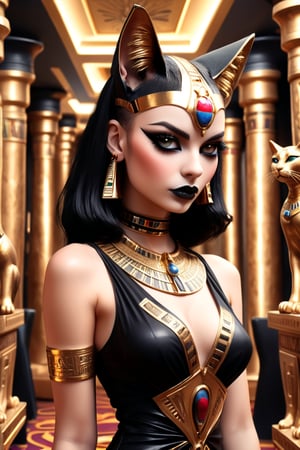 1girl,Sexy  woman, in Bastet-inspired dress at Egypt-themed casino. Form-fitting black dress with gold cat motifs, high slit. Cat-eye makeup, gold jewelry. Luxurious casino interior with Egyptian decor, sphinx statues, hieroglyphs. Vibrant colors, emphasis on gold and black. Dramatic lighting, photorealistic style with fantasy touch.,Gothic,goth girl, goth girl 1girl,EgyptPunkAI,(PnMakeEnh)