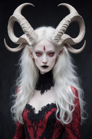  inspired horror illustration, albino demon princess,(long intricate horns:1.2), the woman's pale face contrasting sharply with her long jet-black hair, that hangs over her shoulders. She wears a form-fitting red and black dress,
A macabre mass of blood and flesh falls at the woman's feet,
Her eyes wide with a mixture of fear and determination, she has a bewitching presence as she moves through the surreal landscape with an eerie calm.
,bj_Devil_angel