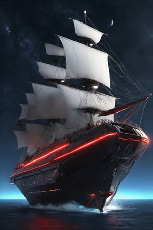 A galleon-class sailing ship built with advanced futuristic science and technology, sailing through the endless expanse of space, its sleek hull made of futuristic materials glows red with the light of LEDs. Propelled by an unknown force, its huge sails flutter majestically as it navigates the tides of space.,galleon