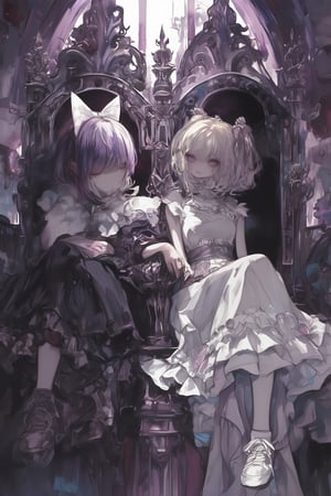 Gothic twin girls, ornate high-back chairs, decadent background, ethereal lighting, anime style, detailed illustration, 8k resolution, gothic lolita fashion, contrasting personalities, left girl: short purple hair, serious expression, black and white dress, crossed legs, right girl: blonde bob hair, white ribbon, cheerful smile, pure white lacy dress, relaxed pose, both with large eyes, delicate features, petite build, intricate chair designs with spire-like backrests and filigree patterns, dramatic light and shadow, dark mysterious atmosphere, decolatte,Manga  Yakuza Kamui X Georgia O'Keeffe,dal,ct-identityV2,watercolor \(medium\),kyute_doll