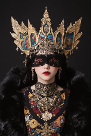 Highly detailed portrait of a woman wearing an extravagant, gothic-inspired headdress and jewelry,(blindfolded:1.2),
The headdress resembles a cathedral, with intricate stained glass windows depicting religious scenes,Elaborate metalwork frames the windows, with dangling chains and tassels. The headdress extends outwards like wings, adorned with more metalwork and jewels. A mask covers the upper half of the face and eyes, made of ornate gold filigree and studded with gemstones, leaving only the lips visible. Around the neck is a thick collar of black feathers. An ornate chest piece covers the upper body, featuring religious iconography, gemstones, and intricate beadwork,Multiple necklaces with crosses and pendants hang below. The overall style is a mix of gothic, religious, and steampunk aesthetics. Hyperrealistic, studio lighting, 8K resolution.,blindfolded flower,Made of adrr-zllj,dal,Adrr-tsfft