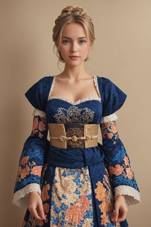 (Beautiful German girl),beautiful blonde hair,beautiful blue iris, wearing a Baroque-style dirndl with vibrant colors, infused with Japanese elements. The dress combines intricate lace and embroidery with colorful kimono-inspired patterns. A wide obi belt cinches her waist, while puffed sleeves and delicate accessories complete the look, showcasing a striking fusion of cultures.,ct-drago