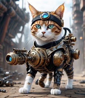 Extreme detailed, ultra Realistic, futuristic, A Munchkin cat with a high-tech Gatling gun on its back,pirate style eye patch, Solo, 1cat, large Gatling gun, fire, high-tech cybernetics Munchkin,((four legs)), ULTRA Real, Realistic cat, military, monster, ,mecha,aw0k cat,GLASS,DonMCyb3rN3cr0XL 