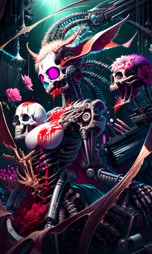 ultra beautiful aesthetic art,pastel art,light coloring,Flower Garden,beautiful girl,bizarre dress, Body fused with machine,Bizarre cyborg artwork,Body in pieces by pieces, lot goa,blood,elk Head skull, necromantic mechanical necro girl,beautiful Face,hanfulolita,skull,Illustration,newhorrorfantasy_style