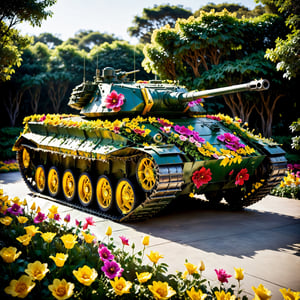 Military tank, crafted from beautiful countless flowers, each petal meticulously arranged to form intricate patterns across its armored surface. The tank's exterior is a riot of color, with vibrant blooms cascading down its sides and delicate vines weaving between the heavy plates of metal. Despite its formidable appearance, there is a sense of harmony and serenity emanating from this floral fortress, a testament to the power and beauty of nature even in the midst of warfare.