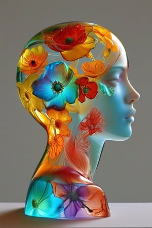 "A translucent glass bust of a woman, exquisitely crafted with smooth, flawless surfaces. The sculpture captures delicate facial features, a graceful neck, and the curve of shoulders. Inside the hollow form, a mesmerizing array of mystical flowers blooms, filling the entire interior. These ethereal blossoms radiate in seven distinct colors - vibrant red, warm orange, sunny yellow, lush green, deep blue, rich indigo, and royal purple. The flowers seem to float and gently swirl within the confines of the glass, their petals and stems creating intricate patterns. Soft, multicolored light emanates from within, causing the glass to glow and creating a prism-like effect on nearby surfaces. The contrast between the clear, solid glass and the vibrant, seemingly alive interior creates a captivating juxtaposition.,hyperrealistic