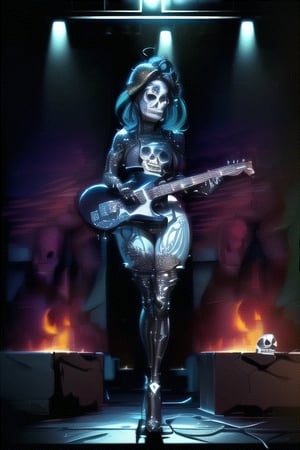 ((masterpiece)), ((best quality, (beautiful), ((extremely detailed game CG, real picture,skull head girl, solo, rock star, heavy metal electric guitar, fire,sing, shiny_skin, beautiful detailed eyes,thighs, full body,CatrinaMakeUp