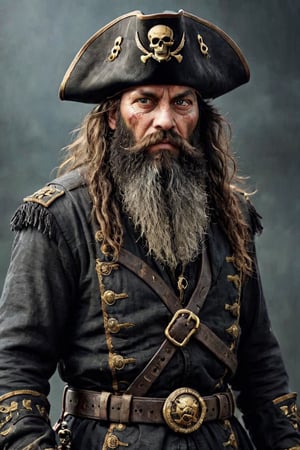 ultra-realistic,Pirate Blackbeard, elder pirate captain,(much wrinkled face), hard-boiled,Black-rimmed eyeliner,((very very long black beard)),Dirty coat, Luxury feathered tricornered hat,(emaciated body), single-minded in respect and fear, dressed in dark shades of Renaissance-style aristocratic clothing, dirty cuffs, gun belt, knee-length boots, wearing intricately crafted ornaments and decorated with numerous gold ornaments,Handsome male,with a beard,pirate,Leonardo,Movie Still