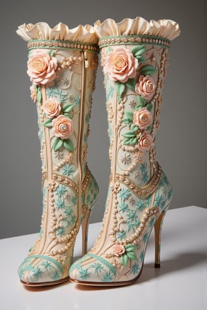 elegant Victorian-style high heel boots adorned with intricate decorations in soft pastel colors. The boots feature handcrafted pale pink silk roses cascading from the top to ankle, complemented by mint green lace embroidery throughout. Delicate pearl strands and beaded embellishments create graceful swirling patterns across the surface. The boots rise to mid-calf height with ruffled silk trim at the top edge, decorated with vintage-style lace and more miniature roses. The heels are adorned with pearl chains and metallic gold filigree work. The base fabric is ivory silk with subtle shimmer, overlaid with intricate embroidery patterns in mint green and rose gold threads. Each rose is perfectly crafted with layers of silk petals in soft peach tones. Crystal beads and tiny pearls are sewn throughout the design, catching light at every angle,Made of adrr-zllj