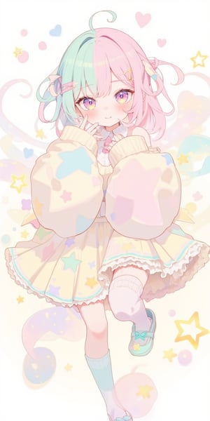 1girl,Cute anime-style Vtuber girl, big expressive eyes. Split hair color: pastel pink on right, mint green on left, long wavy style. Kawaii pastel fashion: oversized sweater with star patterns, pastel yellow pleated skirt. Extra-long sleeves covering hands, creating cute smiling,Thigh-high striped socks, pastel blue mary jane shoes. Patchwork stitching visible on face and body, giving a doll-like appearance. Small bandages on cheeks. Detached sleeves with ribbons. Heart-shaped hair clips. Soft, dreamy background with floating bubbles and stars. Pastel color palette throughout. Slight blush on cheeks. 2D anime art style with clean lines and soft shading. High detail, 8K resolution.