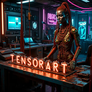 Cyberpunk-style digital art depicting a cluttered indoor space, with a beautiful female android covered in many colorful cables.
The android has a sleek metallic appearance with glowing cybernetic enhancements. The room is dimly lit with neon accents and filled with futuristic gadgets, old computer parts, and holographic displays. Atop a well-worn metal table, a series of Nixie tube displays prominently display the word "TENSORART," with each letter individually illuminated. Nixie tubes emit a warm orange light that contrasts with the cool cyber-tech colors of the room. The walls are covered, cyberpunk