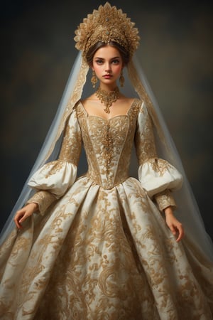 beautiful slavic woman,Visualize an exquisite Valencian ethnic costume inspired by the 18th century Europe,The gown features a lavish display of gold embroidery, intricately weaving floral motifs and delicate patterns across the fabric. The luxurious dress, reminiscent of noblewomen's bridal attire, emanates opulence with its finely crafted details, ,mad-marbled-paper,lis4,cutegirlmix