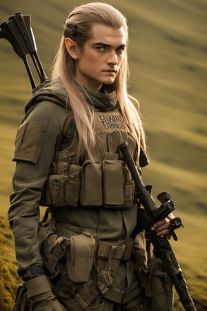  Legolas from The Lord of the Rings equipped with modern special forces gear, seamlessly blending the timeless elven character with contemporary tactical equipment,Picture Legolas wearing a high-tech Military tactical gear, stealthy outfit with advanced materials, modern functionality, ensuring that Legolas retains his iconic elven features while embracing the practicality of special forces attire.,tacticalgear