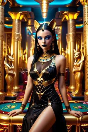 1girl,solo,Sexy  woman, in Bastet-inspired dress at Egypt-themed casino. Form-fitting black dress with gold cat motifs, high slit. Cat-eye makeup, gold jewelry, Luxurious casino interior with Egyptian decor, sphinx statues, hieroglyphs. Vibrant colors, emphasis on gold and black, Dramatic lighting, photorealistic style with fantasy touch.,Gothic,goth girl, goth girl 1girl,EgyptPunkAI,(PnMakeEnh),Casino Background