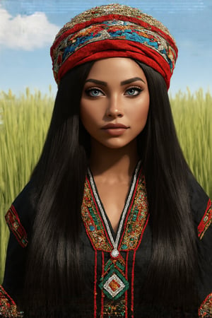 Super detailed, super realistic,beautiful african girl,Curvy body,
She wears old folk costume, long straight black hair,
colorful maria-veil on head,Yakuts folk costume of Siberian minority, beautiful crystal blue eyes, almond eyes, Slouching position, cleavage,intricate textile decorated with colorful and intricate geometric patterns,  decorative embroidery, clothes in earth colors such as black, red and green,beautiful reed meadow landscape,Realistic Enhance,rebdmsd3,hubggirl