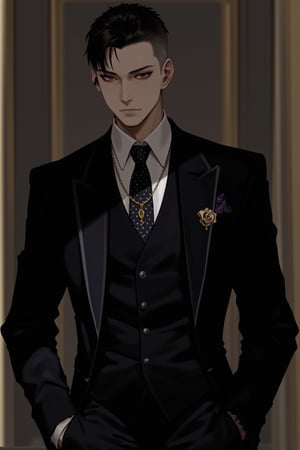 Solo,Realistic photo,nasty man, aesthetic French gentleman, emo aristocratic style, short hair,eye shadow,emo Gothic makeup, chic black business suit with polka dot tie, 
black manicure finger,(luxury golden lapel pin chain), Flower handkerchief in chest pocket, Slender man with long legs and tall stature,Handsome boy,lyh