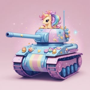 A tank themed after My Little Pony, adorned with pastel colors and adorned with playful pony motifs. Its turret features a vibrant rainbow mane, while its body is decorated with images of cute ponies prancing amidst colorful flowers and sparkling stars. Despite its formidable appearance as a tank, it exudes an aura of whimsy and charm, blending the worlds of military might and magical fantasy.,kawaiitech