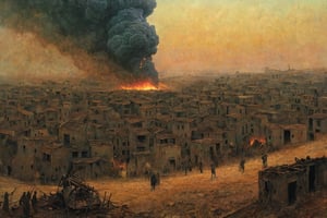 Destroyed town, people fleeing, bombing,
digital artwork by Beksinski