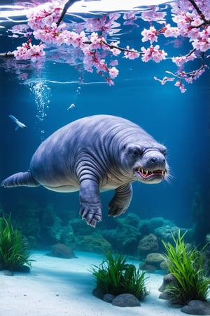 A large manatee floats gracefully in a spacious aquarium tank. Its grey skin is adorned with intricate Japanese-style tattoos. On its back, a fierce oni (Japanese demon) mask is inked in bold red and black, with golden accents highlighting its horns and teeth. Delicate pink cherry blosssom branches with drooping flowers stretch across the manatee's sides, creating a beautiful contrast to the oni. The tattoos appear to shimmer and move with the manatee's skin as it swims. Crystal-clear water surrounds the creature, with small bubbles rising. Soft blue lighting illuminates the tank, enhancing the tattoos' colors. Other fish dart around the manatee, some pausing to investigate the unusual sight. Aquarium 