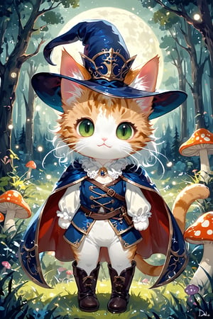 Cute fairy cat,Adorable Cait Sith fairy, dressed as Early Modern European musketeer, feline features with mystical aura, large expressive eyes, whiskers, pointed ears, wearing plumed cavalier hat, ornate doublet with lace collar, cape, breeches, and tall boots,magical sparks around paws, forest glade background with mushroom circles, misty atmosphere, moonlit scene, detailed fur textures, blend of photorealism and whimsical fantasy style,dal-6 style