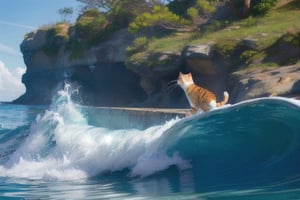 surfing cat,beautiful blue Meryl,surfing,large wave, water splashing,summer blue Sky, beautiful water,cat surfing, ocean,