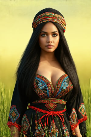 Super detailed, super realistic,beautiful african girl,Curvy body,
She wears old folk costume, long straight black hair,
colorful maria-veil on head,Yakuts folk costume of Siberian minority, beautiful crystal blue eyes, almond eyes, Slouching position, cleavage,intricate textile decorated with colorful and intricate geometric patterns,  decorative embroidery, clothes in earth colors such as black, red and green,beautiful reed meadow landscape,photo realistic 