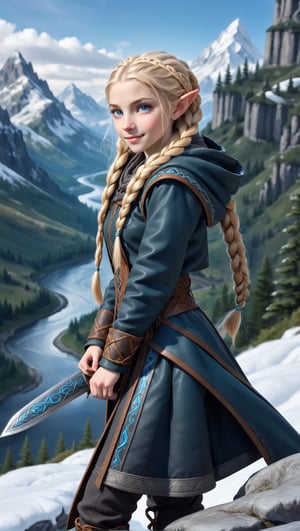 Extreme detailed,ultra Realistic,
beautiful young ELF lady shining blonde hair, long elvish braid, side braid, blue-grey eyes,elf ears,
Wearing leather tunic, hooded cloak, animal fur hood, intricate clothing, animal fur clothing, dark clothing, waistband, scarf, soft smile, bending posture, looking into the distance, holding RUNE Sword,
snowy mountain scenery, overlooking valley, river, white clouds, seen from behind,ol1v1adunne