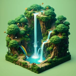 Isometric style, beautiful magical forest diorama,. Multilayer 3D cube structure with a width of 30cm,
A huge amount of water falls from a gigantic and beautiful mysterious waterfall, a beautiful rainbow appears around the waterfall, and miniature golden butterflies decorate the surrounding area.
Overall greenish color scheme. Highly detailed, 8K resolution, tilt-shift effects. Photorealistic miniature art style.,noc-isometric,EdwardH0pp3r