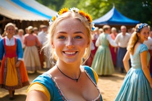 A photograph of a 25-year-old blonde female with a warm, joyful face full of freckles and big blue eyes that are looking directly at the viewer. She is captured in mid-dance, wearing a traditional folklore dress during a village festival on a sunny day. The image is taken from the point of view of a man dancing with her, giving the impression that the viewer is her dance partner. Sun rays are filtering through the scene, created with ray tracing to give a lifelike effect of sunlight. The environment is festive and colorful, with the background slightly blurred to focus on her expressive face and the details of her dress. The lighting is natural and bright, enhancing the cheerful atmosphere.,360 View,18thcentury