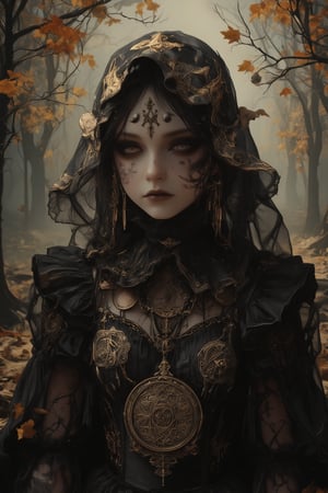 mystical portrait of a dark oracle priestess in an autumnal forest setting. She wears an elaborate black sheer veil and dress decorated with intricate gold embroidery patterns and celestial motifs. The fabric features delicate metallic thread work creating mysterious symbols and constellations. Her face shows dramatic gothic makeup with dark eyes and occult symbols painted around them. A large antique brass medallion pendant with mystical engravings hangs from her neck. The black gossamer fabric of her dress and veil flows ethereally, adorned with tiny crystals that catch the dim forest light. The background shows a misty autumn forest with golden leaves and dark tree trunks. She wears multiple layers of ornate jewelry with mystical symbolism, including moon phases and archaic runes. Face paint and temporary tattoos suggest ritual markings. The lighting is moody and atmospheric, with occasional gleams highlighting the golden embroidery against the black fabric. Fantasy photography style, perfect focus on intricate costume details, dark romantic atmosphere, mystical elements, professional lighting emphasizing the mysterious mood,Hyperrealism &Surrealism,Gothic