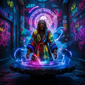 Cyberpunk voodoo ritual scene, neon-lit underground temple. Cybervoodoo priest wears an extremely colorful patchwork robe with fabric embedded with iridescent LEDs. Dreadlocks entwined with fiber optic cables. Praying at a floating altar made of red and blue holographic light projections. The altar features a constantly changing mystical mandala pattern with animated skull motifs. Holographic veve symbols swirl around the priest. Incense smoke mixes with data particle effects. Walls covered in graffiti-style digital hieroglyphics. Dramatic lighting with ultra-detailed textures, 8K resolution and strong color contrasts. Cinematic composition highlighting the fusion of mysticism and technology.,3dartCA