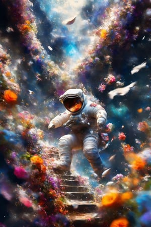 1 man,Astronauts surrounded by flowers, Colorful flowers falling like a waterfall, a flood of petals, astronauts landing on a flower star,staircase,astronaut_flowers