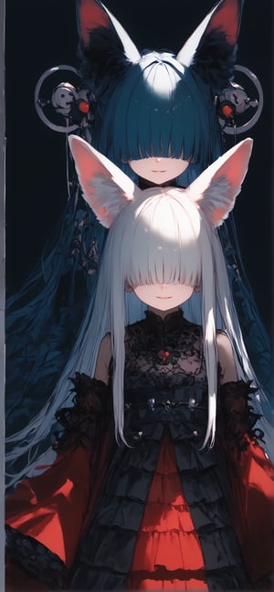 (score_9,score_8_up,score_7_up),Albino fox Girl,animal fox ears,red eyes,long pure White hair,red skirt,goth style luxury layered kimono,hair ornament,(hair over eyes:1.5), (bangs cover her eyes:1.5),Full body,v,smile,goth girl,sagawa,garter straps,YuukiTeitoStyle,Examplelora,Details,G41xy 