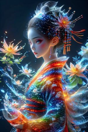  (realistic, photo-Realistic:1.3),red color theme,
Hologram stunning courtesan (oiran) girl in hologram,Light Outline,traditional Japanese attire, hologram,embodying the grace and beauty of a flower. Envision an intricately adorned hologram kimono featuring vibrant and intricate floral patterns, outline only, wireframe, glowing wireframe, pretty girl, rainbow hologram,futuristic, transparent body, void body, only outline neon tube,rainbow colors,, aesthetic grid, silhouette ,3D Mesh,Geisha,minimalist hologram