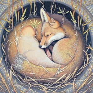 Central figure: Curled up fox or wolf-like creature, highly detailed fur texture. Body forms a near-circle shape.
From the creature's back, delicate plant stems with leaves grow upwards, contrasting with the animal's wild nature.
The creature appears thin, possibly deceased or sleeping, with a slightly elongated snout and visible ribs.
Surrounding the animal: Wispy grass or fur-like textures, creating a nest-like environment.
reminiscent of runic or Norse-inspired lettering.,surrealportraits, illustration,complex detail lineart