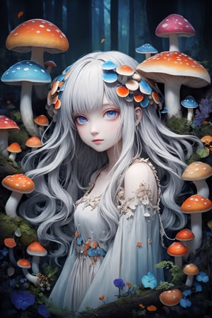 albino mushroom girl, mushroom Head,
stands amidst the tranquility,Adorned with soft, pale-colored petals resembling mushroom caps and delicate mycelium cascading from her hair, she exudes ethereal beauty.,Her eyes silver or pale blue, convey mystery and wonder as she moves gracefully through the enchanted landscape, Surrounded by vibrant colors and playful woodland creatures, she embodies the magic and wonder of nature's hidden treasures.",mushroomz,dal