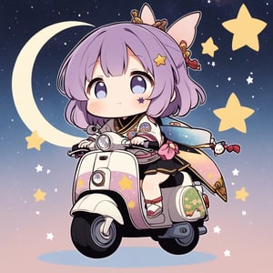 (chibi),fairy tale illustrations,Perfect sky, moon and shooting stars,moon on face, pagan style graffiti art, Kimono girl riding a scooter, hippy van, veichle focus, motor vehicle, Flower,(☆ // purple gradient background),)Star mark hanging on a string:1.2),
 BREAK
 top quality, sharp detail, oversaturated, detailed and complex, original work, trendy, vintage, award winning, artint,artint,starry sky,Anime girl,astronaut_flowers,seseeeh