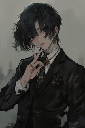 Solo,Realistic photo,nasty man, aesthetic French gentleman, emo aristocratic style, short hair,eye shadow,emo Gothic makeup, chic black business suit with polka dot tie, 
black manicure finger,(luxury golden lapel pin chain), Flower handkerchief in chest pocket, Slender man with long legs and tall stature,Handsome boy,lyh,dal