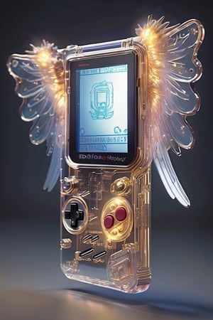 Transparent Body Game Boy, with angelic wings sprouting from its sides hovers gracefully in the air, its buttons and screen aglow with a soft celestial light. The wings, delicate yet radiant, seem to pulsate with a divine energy, lending an ethereal quality to the device.,wings