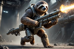 Extreme detailed, ultra Realistic, futuristic, A animal sloth with a high-tech Gatling gun on its back, Solo, 1sloth, large Gatling gun, fire, high-tech cybernetics sloth,((four legs)), ULTRA Real, military, monster, ,mecha,