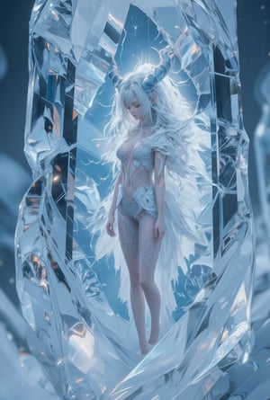 1girl,realistic anime,Ethereal albino succubus suspended in a massive, crystalline ice pillar. Porcelain-white skin with a subtle, pearlescent sheen. Long, flowing silver-white hair floating gracefully around her. Delicate facial features, eyes gently closed in peaceful slumber. Curved horns and pointed ears adorned with intricate frost patterns. Translucent, gossamer wings folded against her back, iridescent and shimmering within the ice. Wearing a revealing, frosted lace bodysuit that blends with the icy surroundings. Slender figure in a serene, floating pose. Swirling tendrils of mist frozen in time around her form. Tiny ice crystals suspended in the pillar, refracting light to create a halo effect. Cracks and fissures in the ice, suggesting immense age and pressure. Soft, diffused blue light emanating from within the ice, accentuating her otherworldly beauty. Hyper-detailed textures of skin, hair, and ice formations. 8K resolution, fantasy art style with photorealistic elements. Dramatic composition emphasizing the contrast between the succubus's allure and her frozen prison.,Frozen,concept_art,dal,Frozen in time