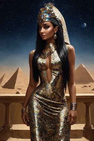 Super realistic photos,
1girl,Cleopatra, ancient Egyptian queen,perfect face,perfect anatomy,hide hands,
luminous mosaic pattern night dress, iridescent fabric, form-fitting silhouette, plunging neckline,large breasts,dark skin, high leg slit, regal pose, golden snake armband, ornate collar necklace, cat-eye makeup, kohl-lined eyes, flowing black hair, royal uraeus headdress, shimmering fabric catching moonlight, desert palace balcony, pyramids in distance, starry night sky, reflection in Nile river, oil painting style, hyper-realistic details, ethereal glow, haute couture meets historical, mysterious allure, digital art,ek_art_b00ster