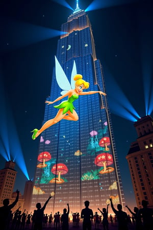 Colossal concrete skyscraper at night, its entire 100-story facade transformed by cutting-edge projection mapping. Animated Tinkerbell, 50 feet tall, pirouetting gracefully across the building's surface. Her gossamer wings span 30 feet, shimmering with iridescent blues and purples. Golden pixie dust trails behind her, creating intricate, swirling patterns that morph into blooming flowers and fluttering butterflies. Tinkerbell's blonde hair flows as she dances, her green dress sparkling.
The projected background shifts from an enchanted forest with towering trees and glowing mushrooms to an underwater scene with shimmering fish and coral. Twinkling stars and a crescent moon adorn the upper floors. Building's windows appear as firefly-lit lanterns or glowing fairy houses.
Ground-level spectators point up in awe, their faces illuminated by the display. Children on parents' shoulders reach out as if to catch falling pixie dust. High-powered projectors visible on nearby rooftops, beams of light cutting through the night air.
Surrounding city lights dimmed in comparison to the dazzling display. Occasional lens flares and light beams add photorealistic quality. Building's edges softened by the projection, creating an illusion of a magical floating structure in the urban landscape.,TinkerWaifu,blue eyes