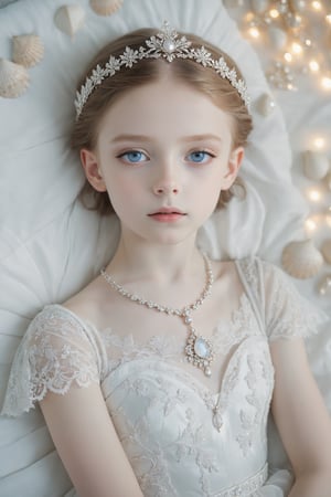 ((Bokeh:1.5)),((Soft focus:1.5)),(Fog),((blur)),(Lens Flare),
The Childlike Empress,stunning beautiful young albino girl,12 yers old,alabaster skin,Brown hair,very short Brown hair,((Slicked back hair)),((Forehead)),(head chain with jewelry stone),
girl has Beautiful blue eyes, soft expression,(heavy black eyeshadow:1.2), Depth and Dimension in the Pupils, wears white delicate fractal pattern lace dress,Incredibly long Dress Lace,
Lying on a bed of shells,
creating a sense of movement and depth,
p3rfect boobs,3d toon style,Face makeup,Anime Style