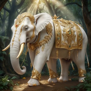 Majestic six-tusked white elephant, in golden armor, standing in a mystical forest. Huge albino elephant with six symmetrical tusks adorned with gold filigree and gems. Elaborate golden armor with magical symbols, emitting soft light. Lush ancient forest background with dappled sunlight, glowing flowers, and fireflies. Soft mist around elephant's feet. Warm golden light enhancing the elephant's presence, ,),no human